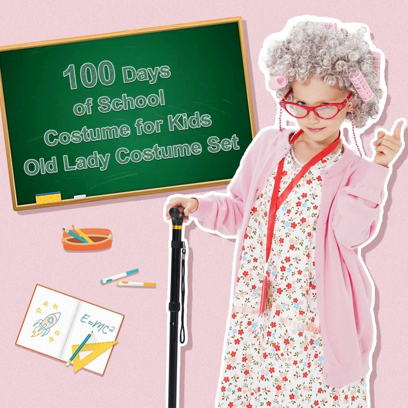 FAYBOX 9 pcs Old Lady Costume for Kids 100 Days of School Costume Old Lady Wig for Girls Halloween Granny Grandma Dress Up - Image 4